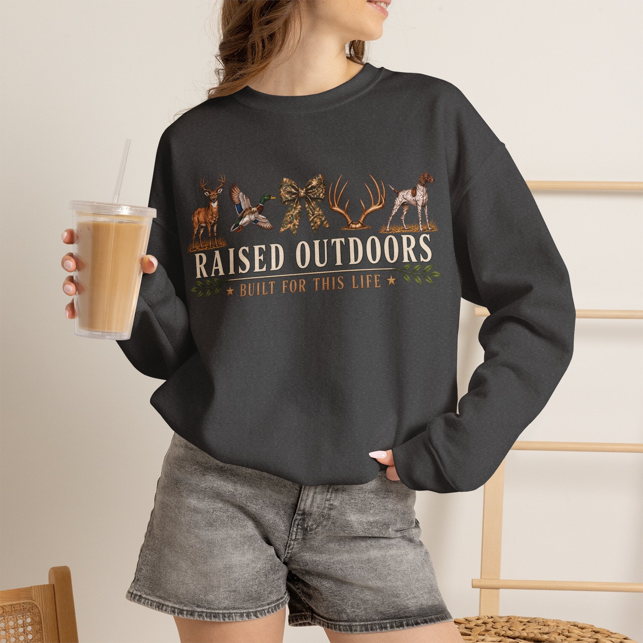 Raised Outdoors Crewneck Sweatshirt — Hunting & Nature Lovers Graphic