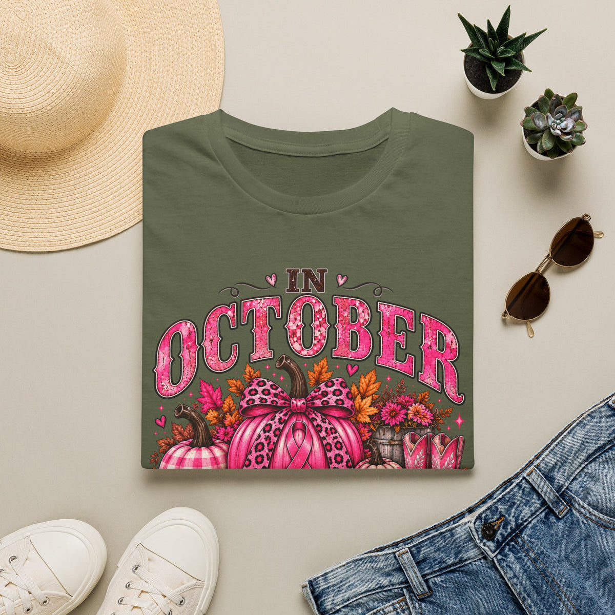 In October We Wear Pink Breast Cancer Awareness Fall T-Shirt 🎀🎃