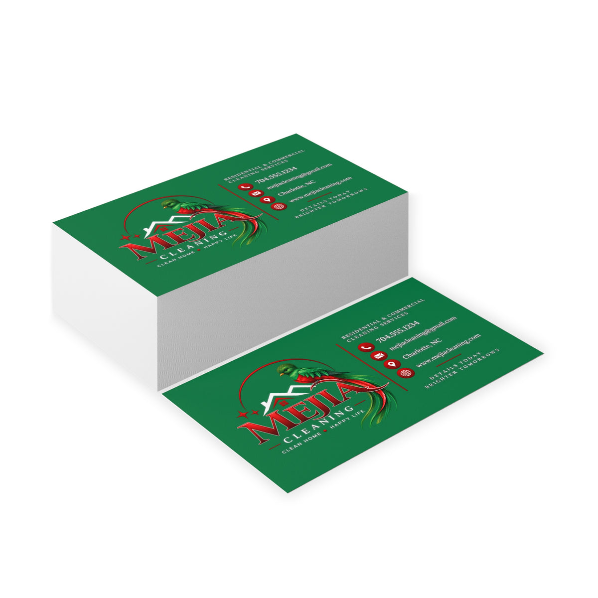 Green Business Cards — Mejia Cleaning Branded Parrot Logo Card