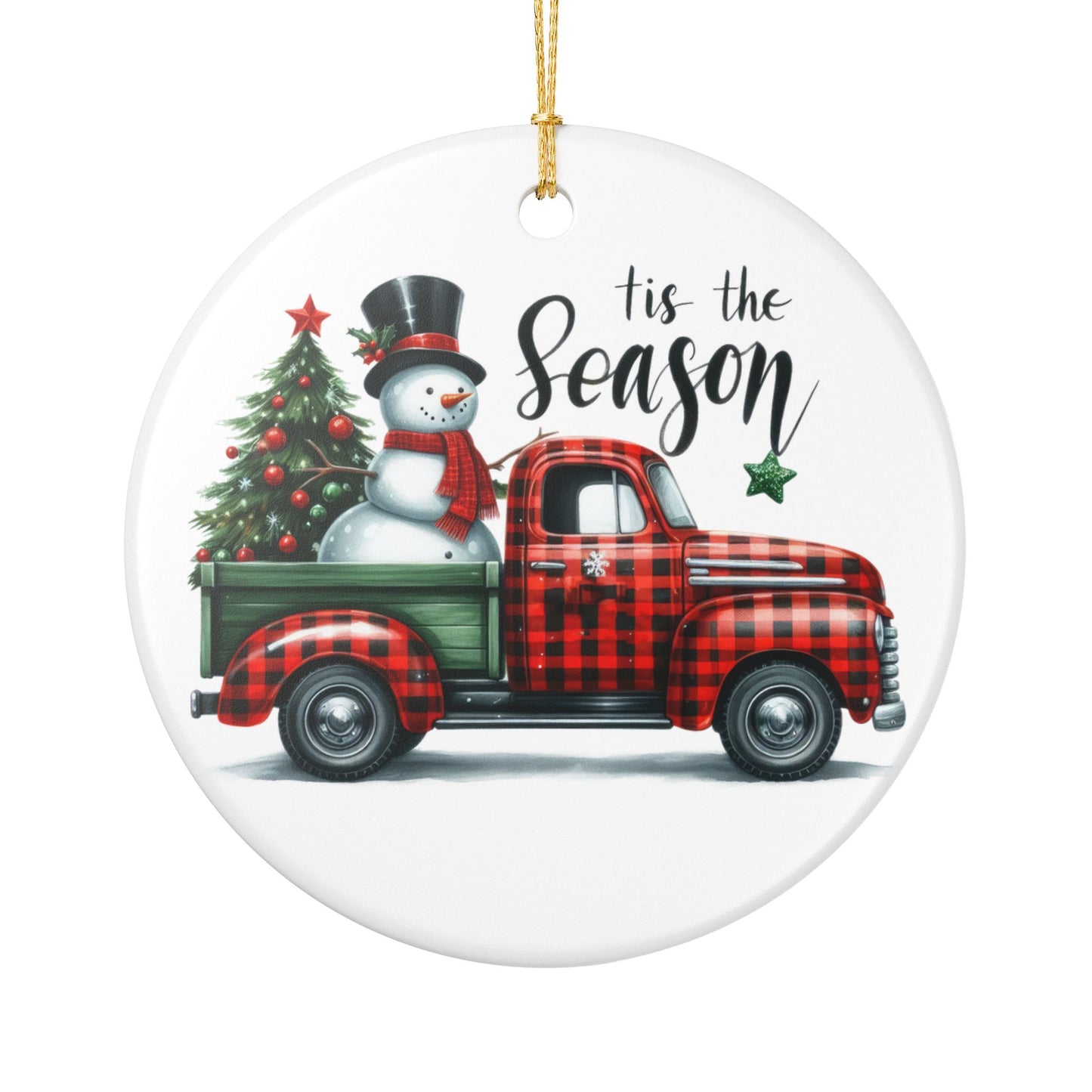 Ceramic Ornament - Plaid Truck Christmas Tree with Snowman, "’Tis the Season" Holiday Decoration