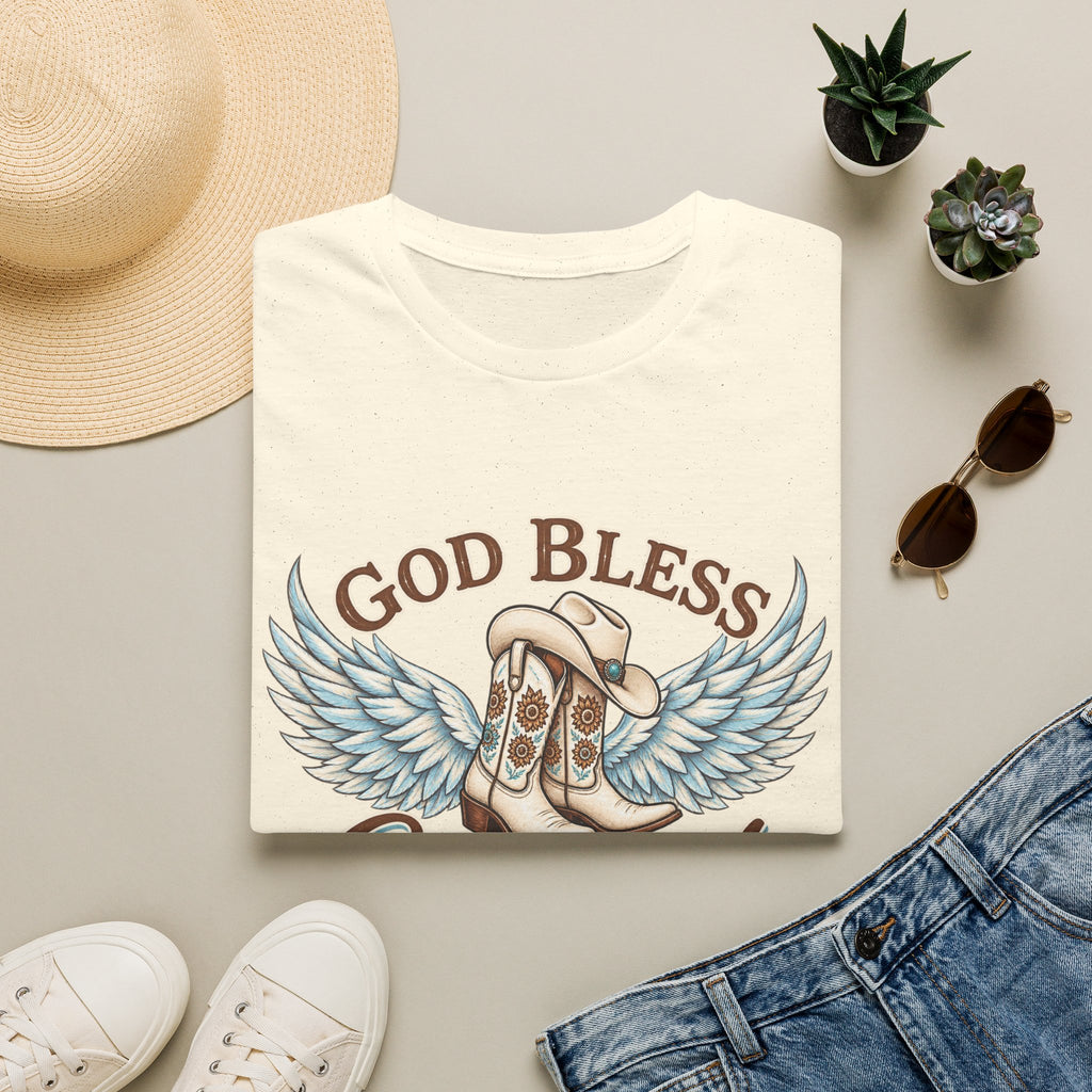 God Bless Cowgirls – Western Angel Wings Graphic Tee
