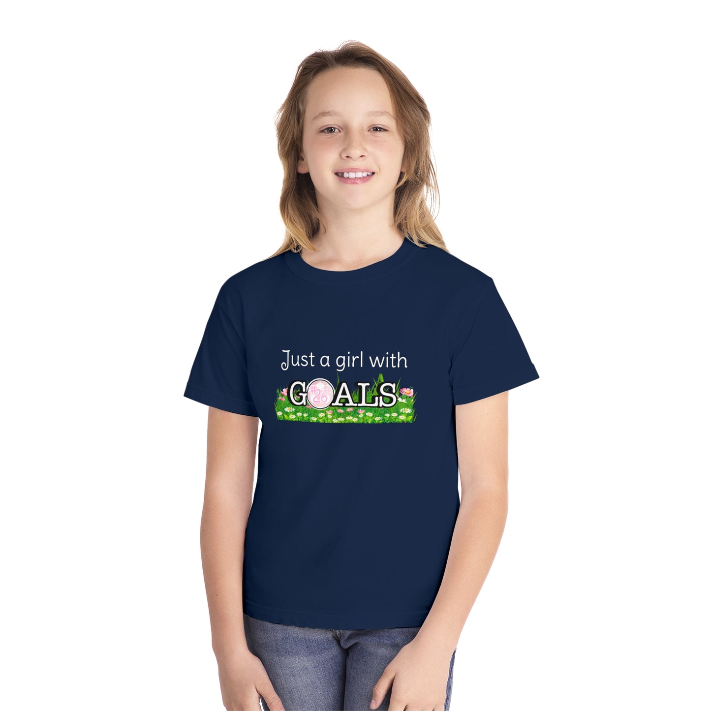 Just a Girl with Goals Youth T-Shirt - Soccer-Themed Tee for Young Athletes