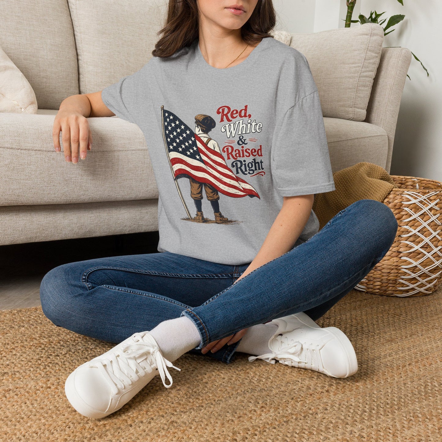 T-Shirt — "Red, White & Raised Right" Patriotic Flag Kids Retro Tee