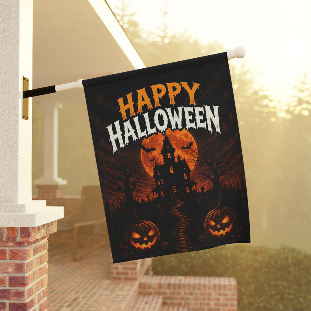 Happy Halloween Garden Flag - Haunted House Pumpkin Yard Banner