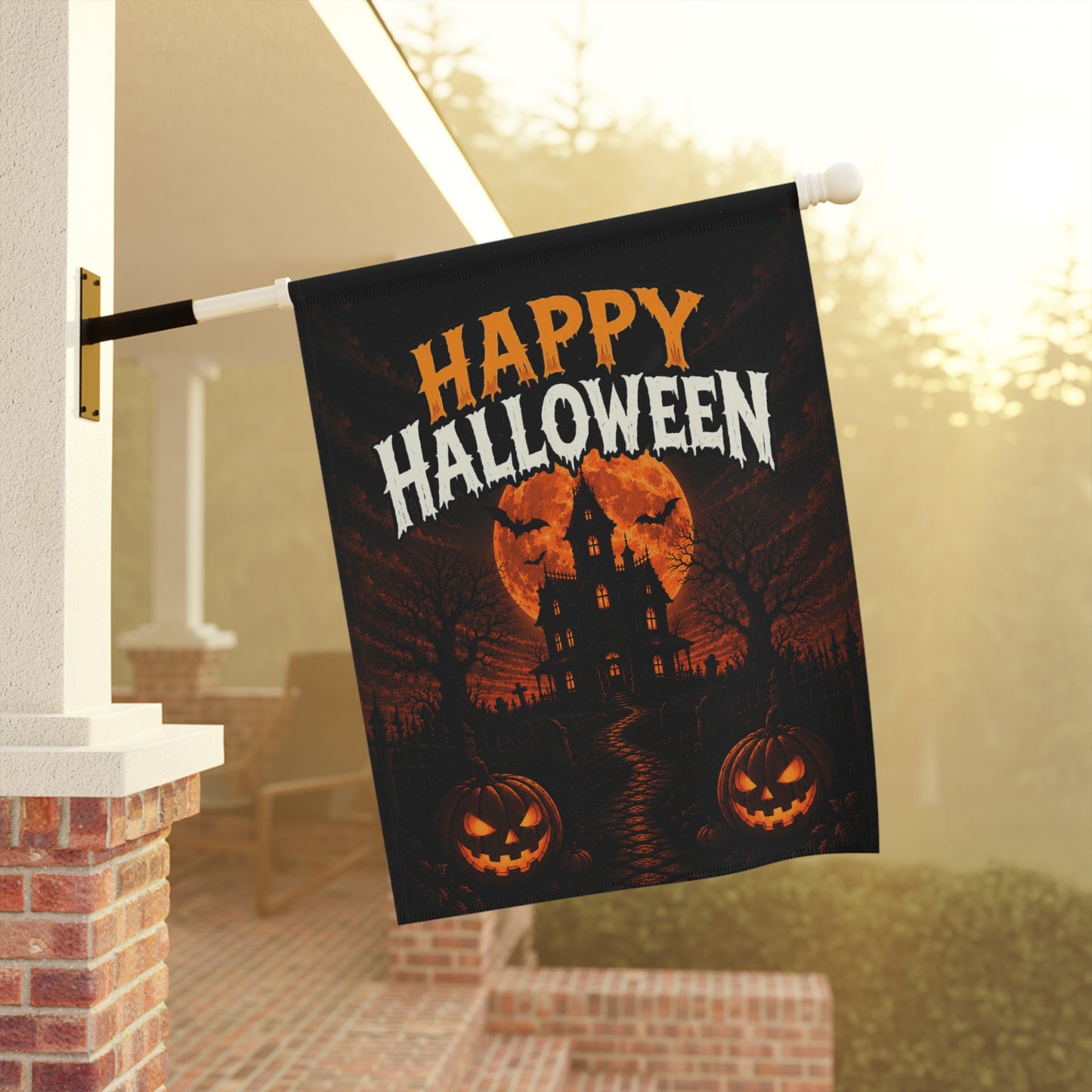 Happy Halloween Garden Flag - Haunted House Pumpkin Yard Banner