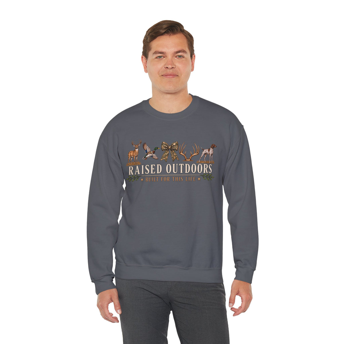 Raised Outdoors Crewneck Sweatshirt — Hunting & Nature Lovers Graphic