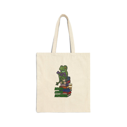 Books and Coffee Frog Cotton Canvas Tote Bag - Perfect for Book Lovers
