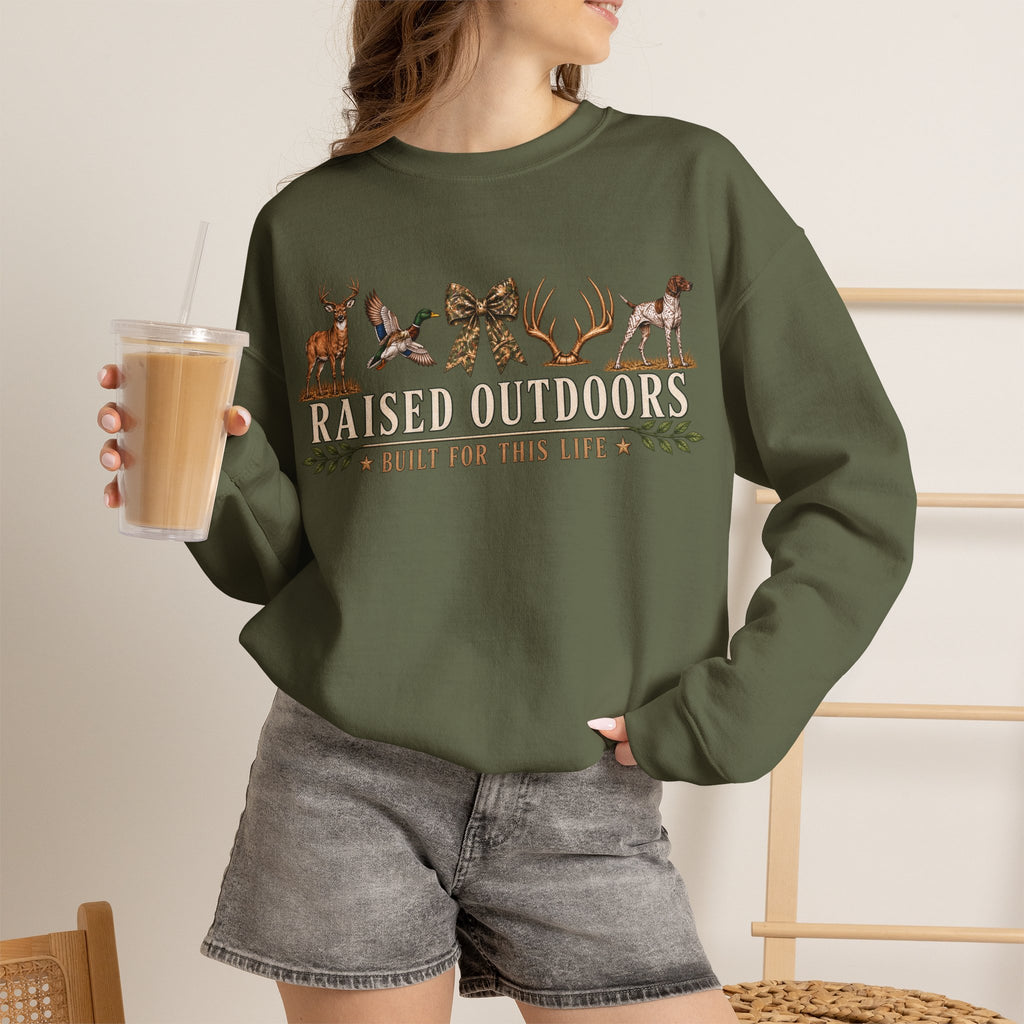 Raised Outdoors Crewneck Sweatshirt — Hunting & Nature Lovers Graphic