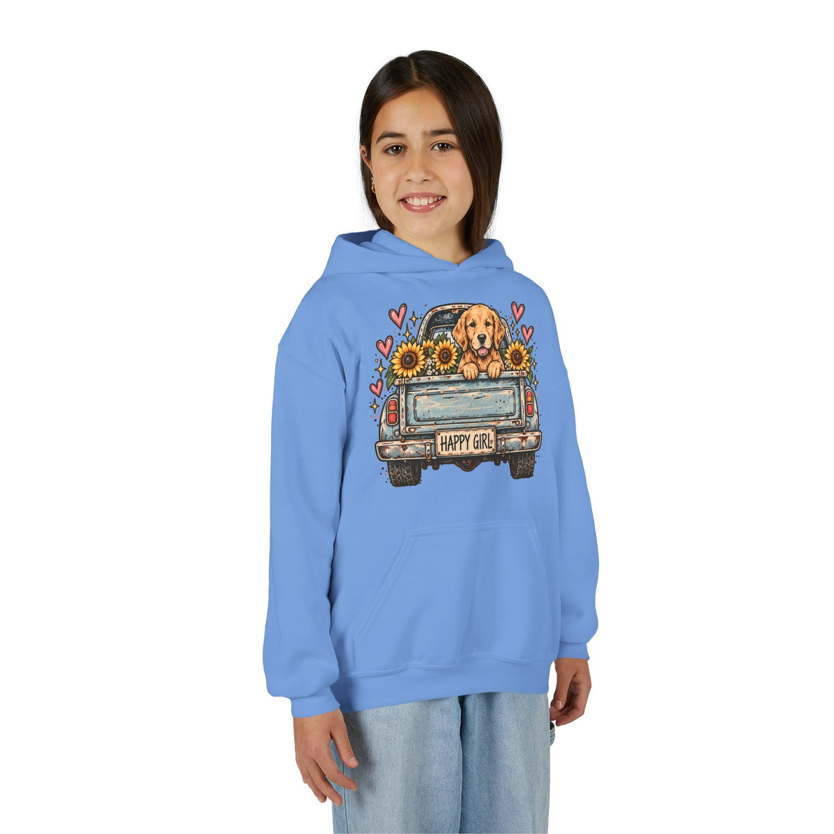 Happy Girl Golden Retriever & Pickup Kids Hoodie