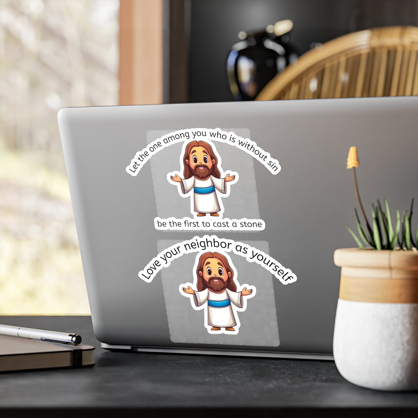 Jesus Cartoon Sticker Set — “Let the one among you who is without sin be the first to cast a stone” & “Love your neighbor as yourself” [...]