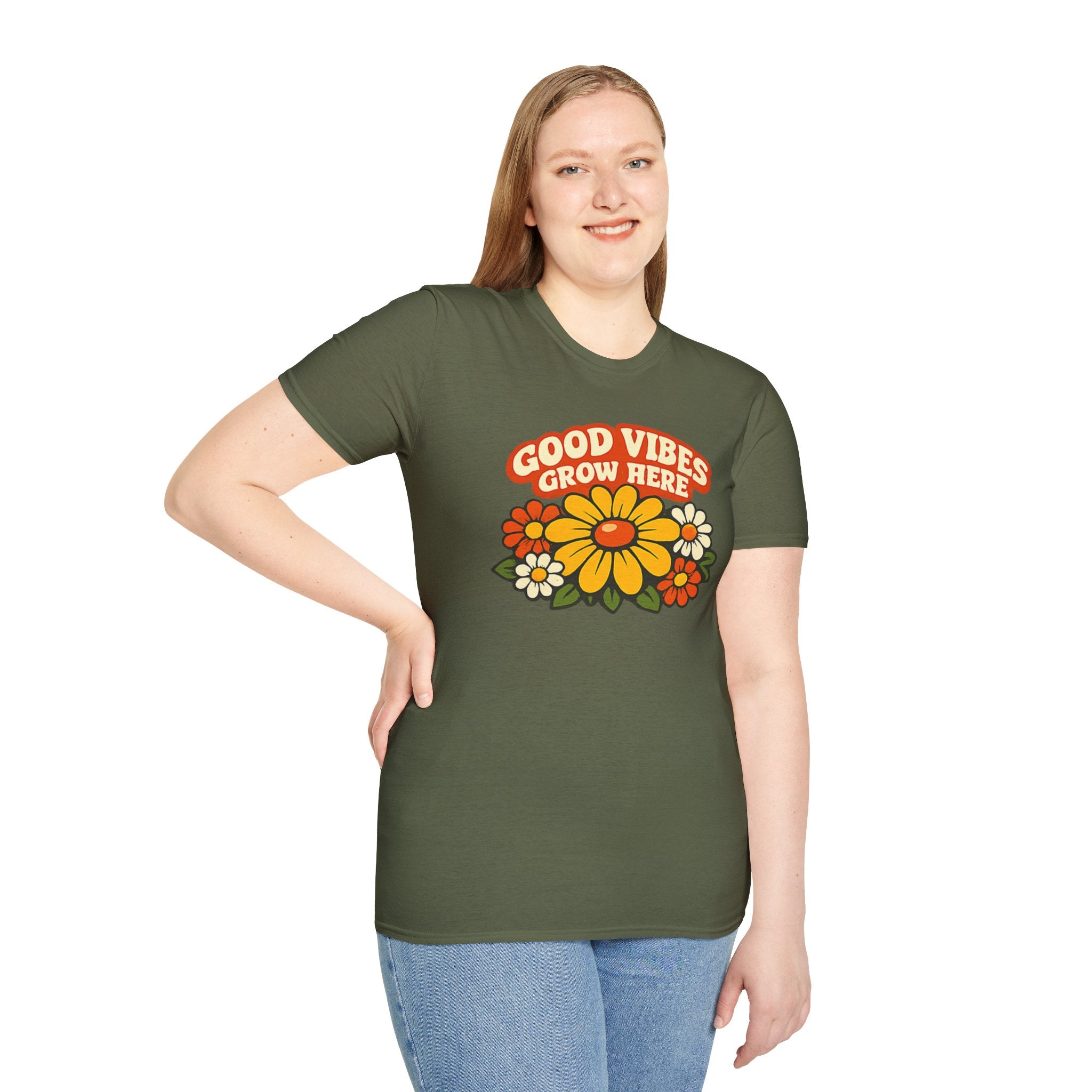Good Vibes Grow Here Retro T-Shirt — 60s/70s Vintage Floral Tee