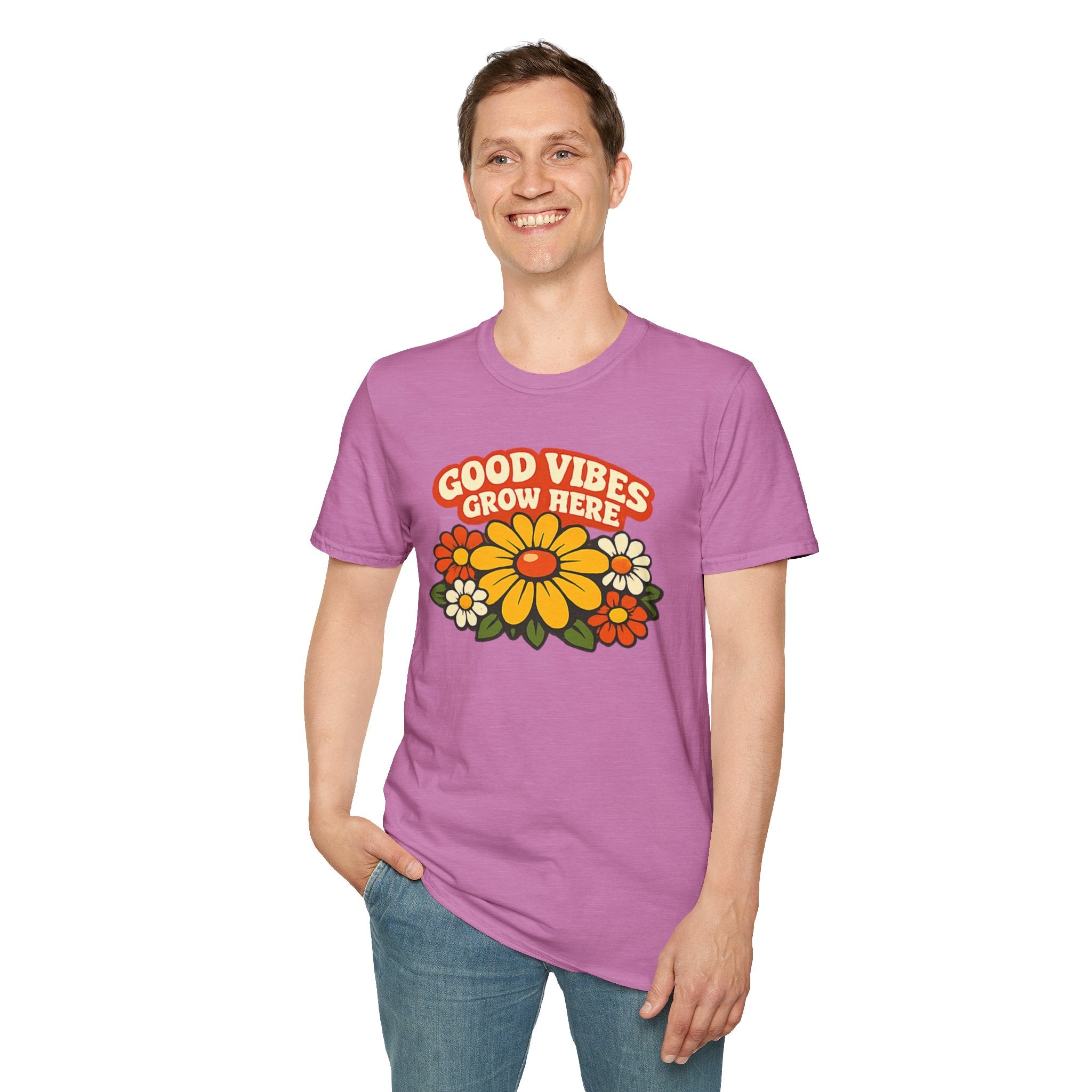 Good Vibes Grow Here Retro T-Shirt — 60s/70s Vintage Floral Tee