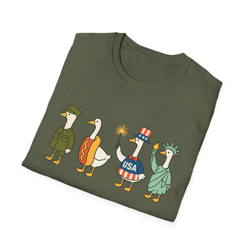 Americas 250th Patriotic Goose Parade T-Shirt — USA Hot Dog, Soldier & Statue of Liberty Graphic