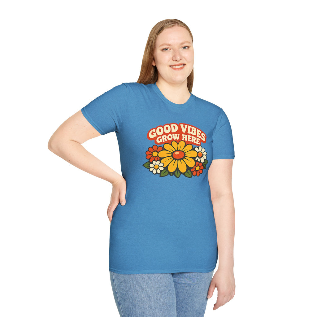 Good Vibes Grow Here Retro T-Shirt — 60s/70s Vintage Floral Tee