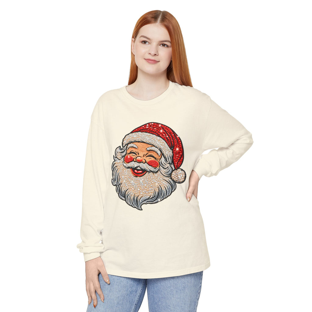 Sparkling Rhinestone Santa Christmas Long Sleeve Tee