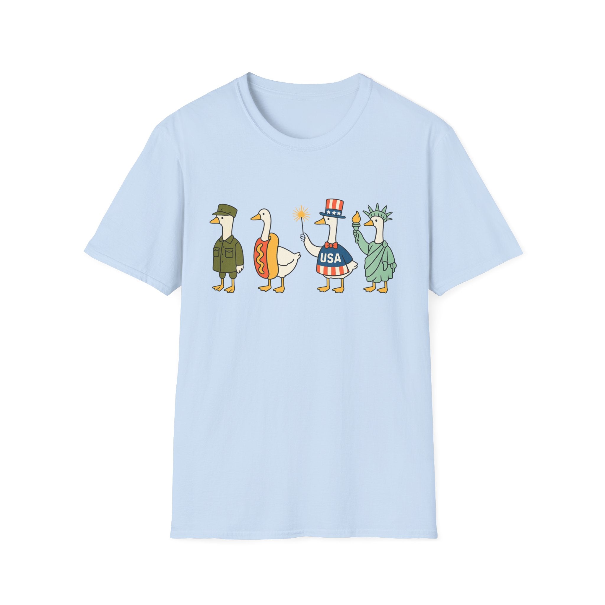 Americas 250th Patriotic Goose Parade T-Shirt — USA Hot Dog, Soldier & Statue of Liberty Graphic