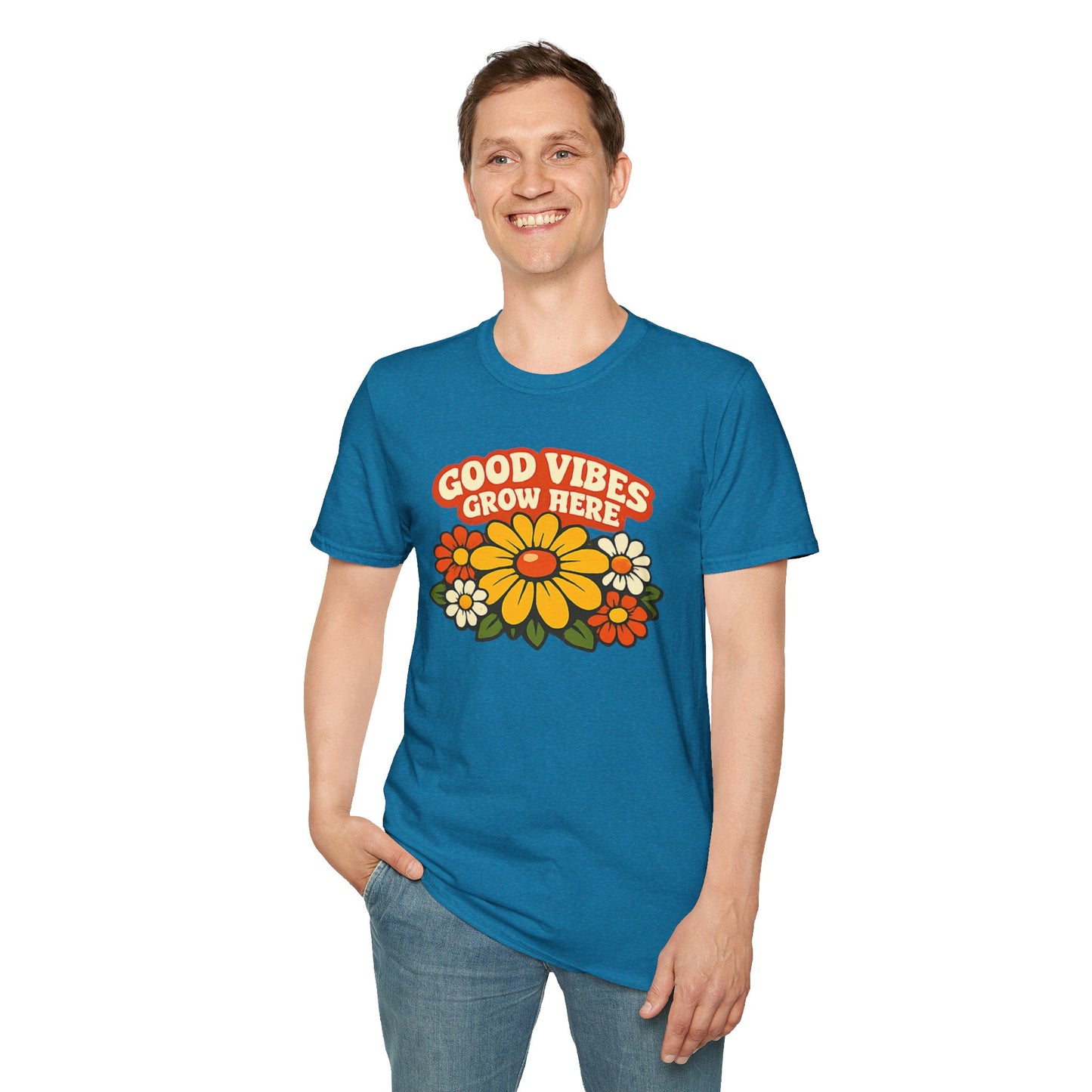 Good Vibes Grow Here Retro T-Shirt — 60s/70s Vintage Floral Tee